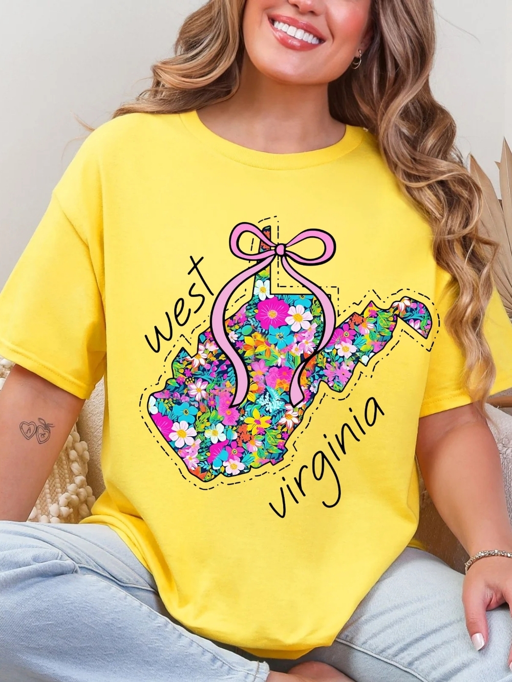 Gildan Yellow West Virginia Floral Tee with Pink Bow Accent